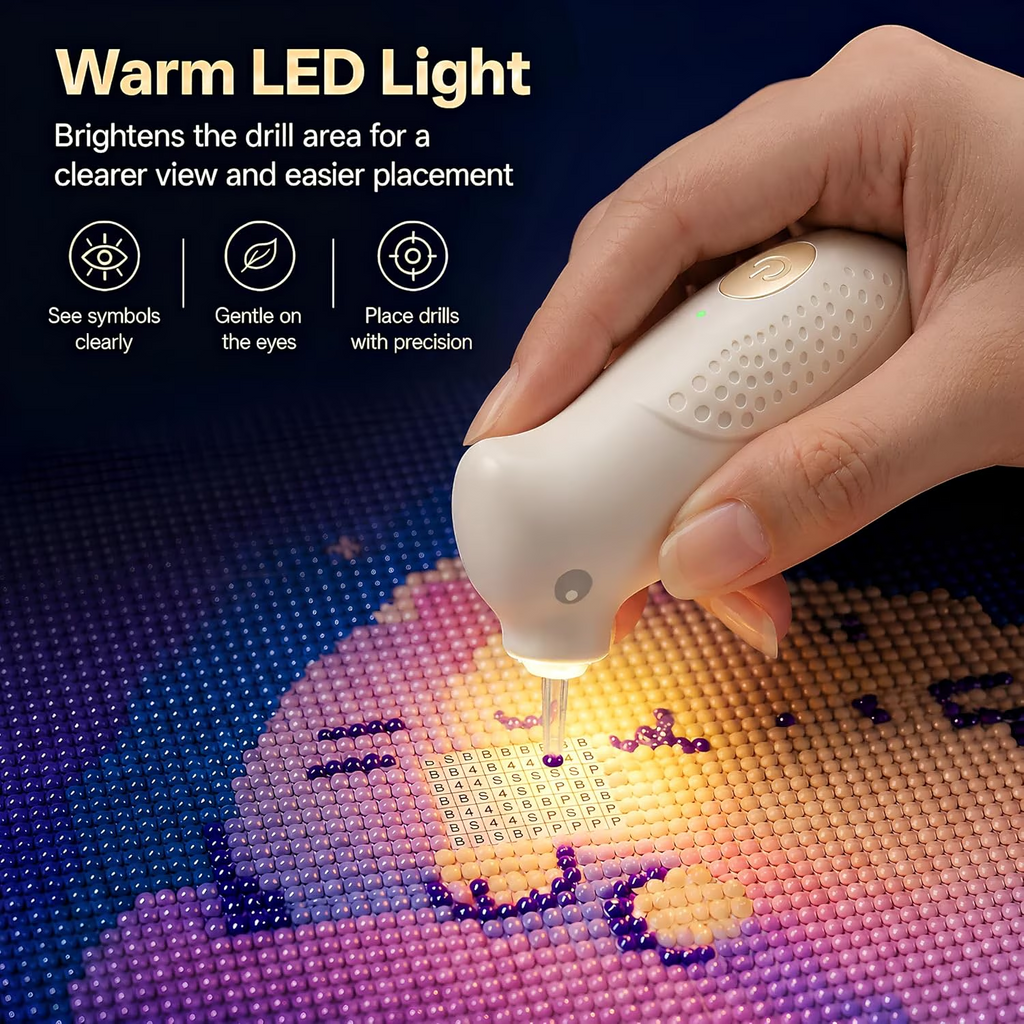 Electric Diamond Painting Pen, Bird-Shaped Diamond Vacuum Art Pen with Warm Light, Wax-Free Pickup, Ergonomic Palm Grip, Integrated Suction Tip, Christmas Gift for Girls,Students,DIY Crafters,White