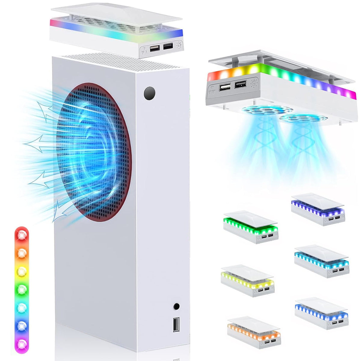 RGB Cooling Fan for Xbox Series S, Cooling System with 3 Speed Level Adjustable, 7 Modes RGB Light Strip, Dust Filter, Low Noise and 2 USB Port, Cooler Fan for Xbox Series S Console(Black)