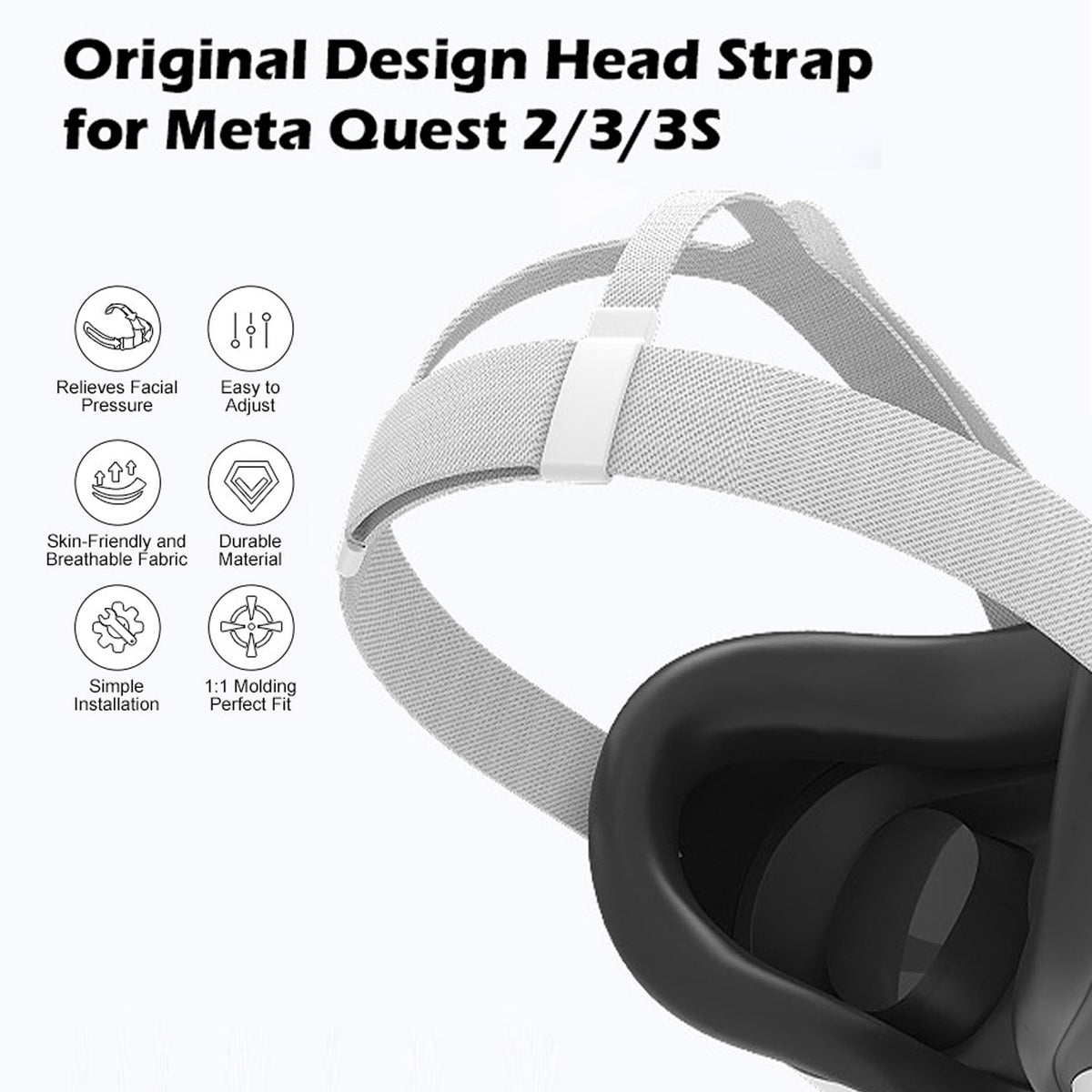 Replacement Head Strap for Meta Quest 2/3/3S,Original Oculus Quest 3/3S/2 Comfort Headband,3 Pairs Thumbstick Caps Included,Adjustable & Breathable Design-VR Head Strap Accessories