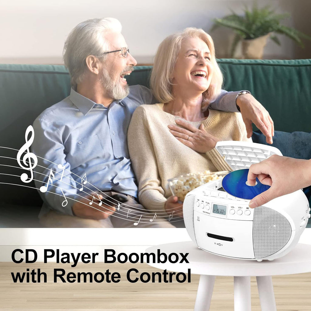 Prociv CD Player Boombox with Cassette Player, Bluetooth, AM/FM Radio,Stereo Sound with Remote Control,AUX/USB Drive,Tape Recording,AC/DC Powered,Headphone Jack,LCD Display for Home,Senior,Child, Whi