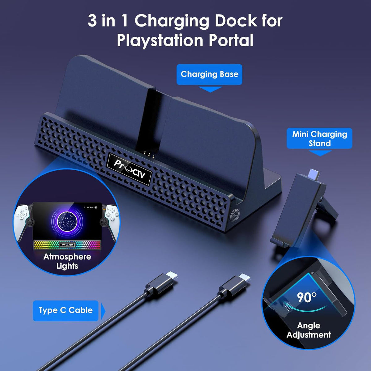 Charging Dock for PlayStation Portal, 3 in 1 Charging Stand for PS5 Portal with 14 RGB Light and 4.9ft USB C Charging Cable, Portable Charger Accessories for PlayStation Portal Remote Player(Black)