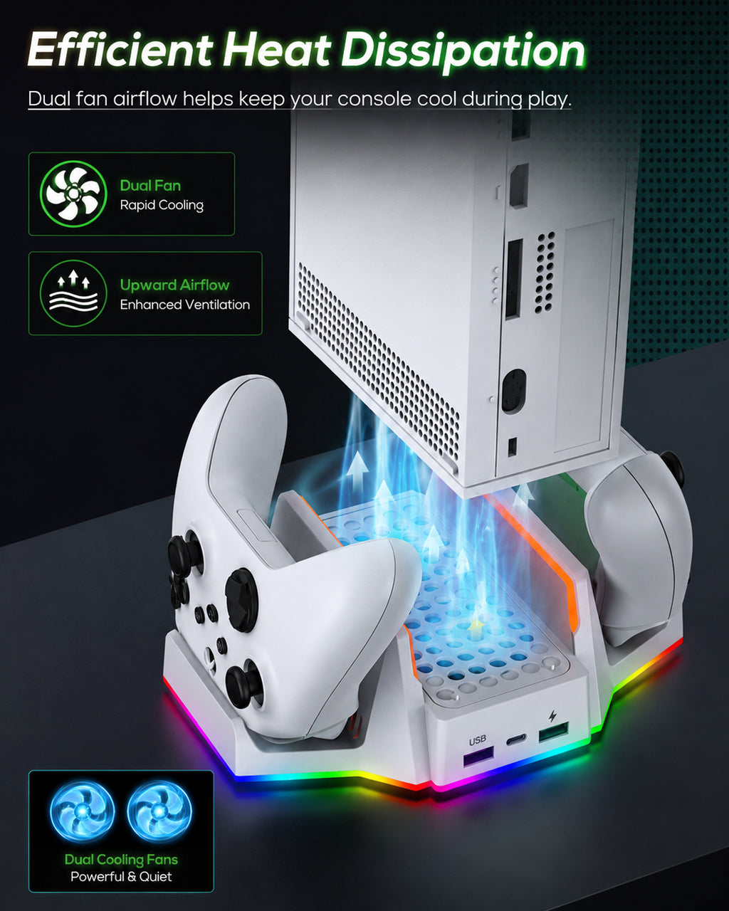 Cooling Stand & Charging Station for Xbox Series S with RGB Light - Dual Controller Charger & Cooler Fan for Xbox Series S Accessories with 2*1400mAH Batteries
