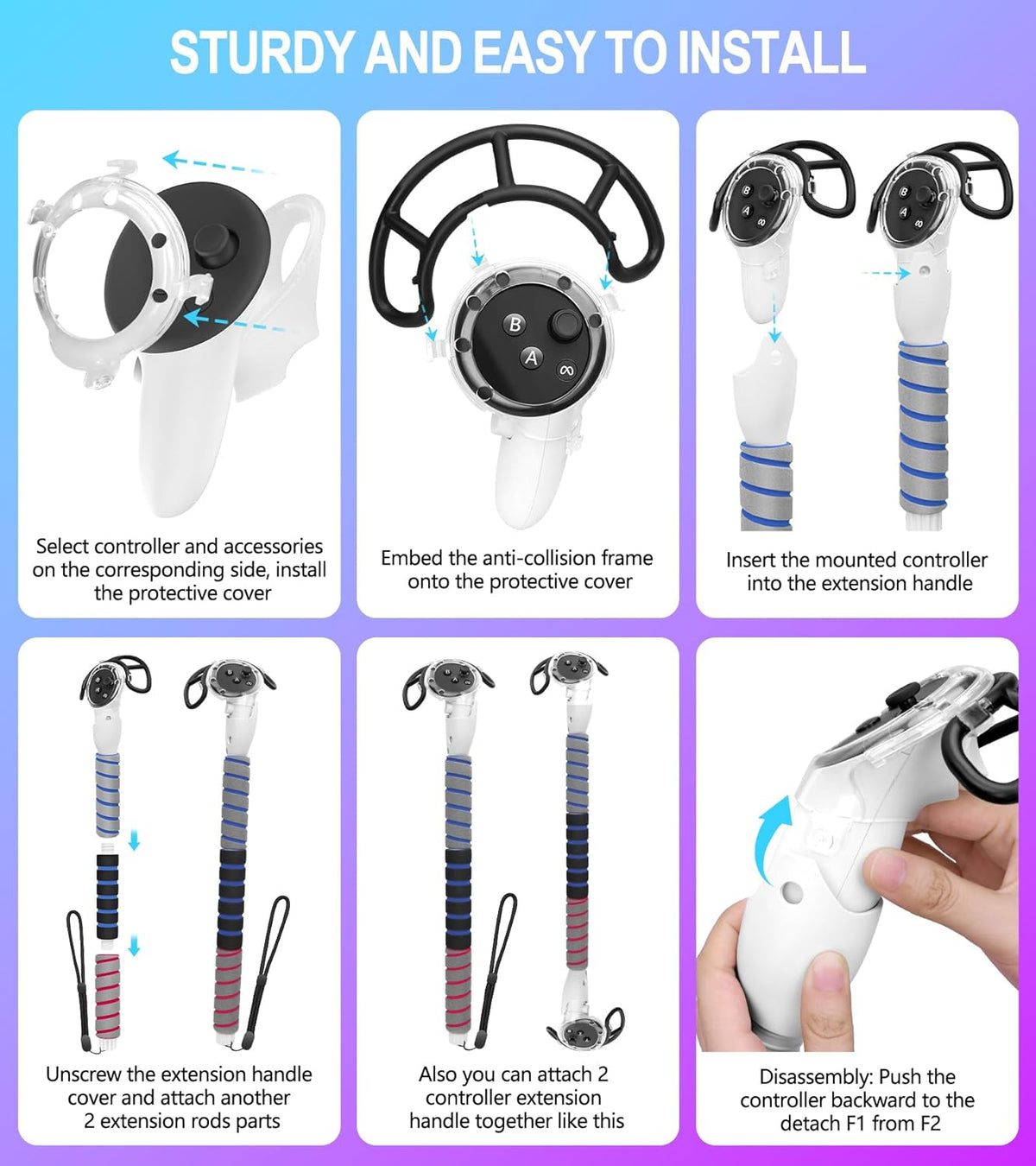 3 in 1 Handle Attachments for Meta Quest 3 Controller Grips Accessories, VR Handle Extender Extension Grips for Oculus Quest 3 Beat Saber, Golf Club, Gorilla Tag Long Arms, Rowing Crew White