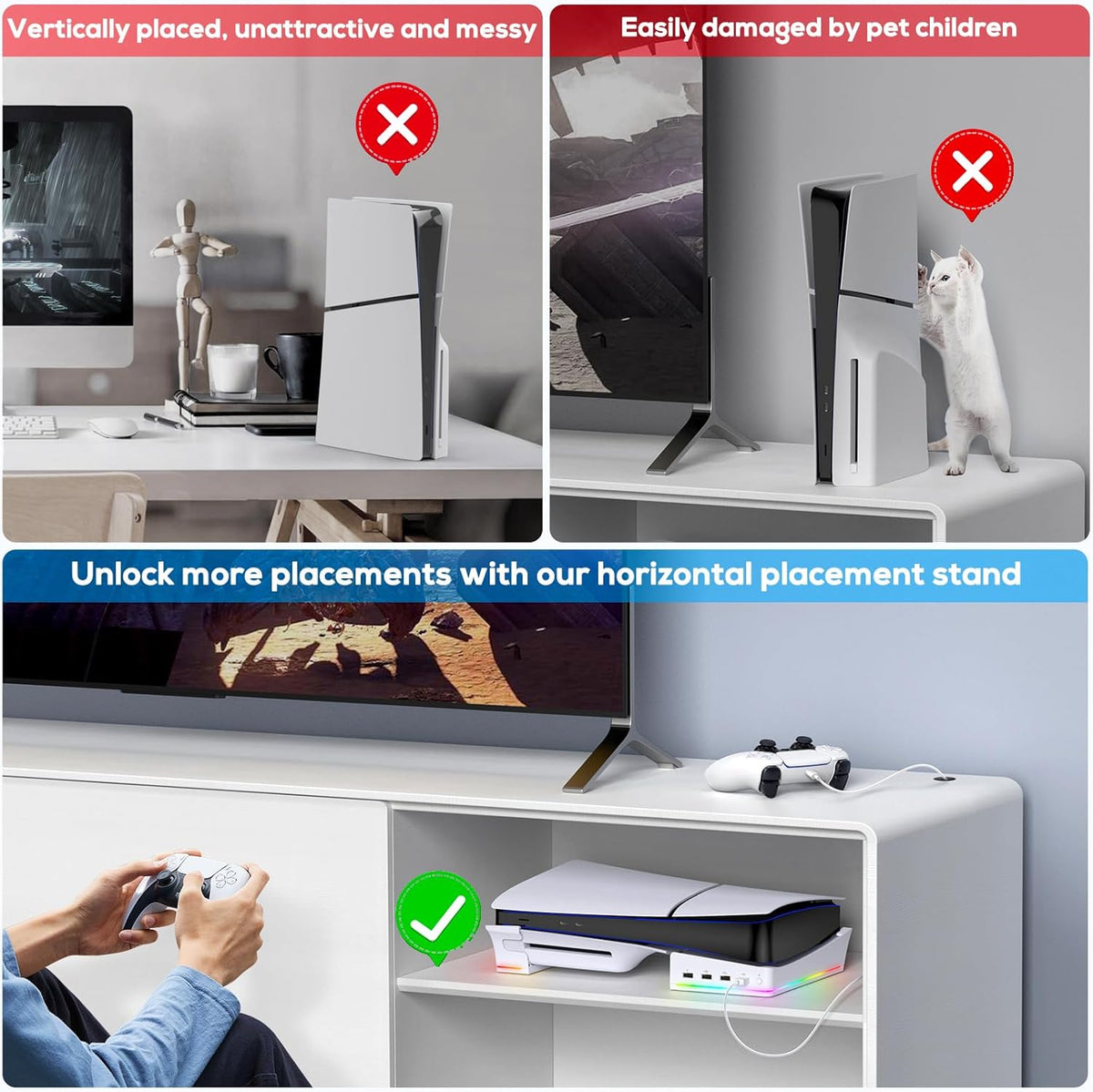 RGB Horizontal Stand for PS5 Pro / Slim Console Accessories with 14 Light Mode and 4 USB Hubs, Side Stand for Playstation 5 Pro / Slim Disc & Digital, Base Holder with Fast Charging, White