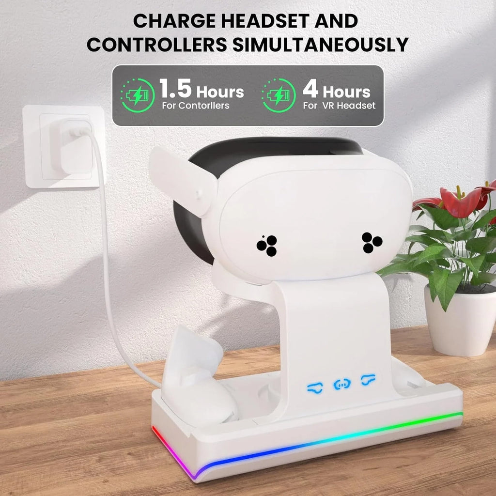Charging Dock for Meta Quest 3S/3 VR Headset & Controllers Charging Stand with RGB LED Light VR Accessories with 2 Rechargeable Batteries for Oculus Quest 3S/3 Fast Charging Station