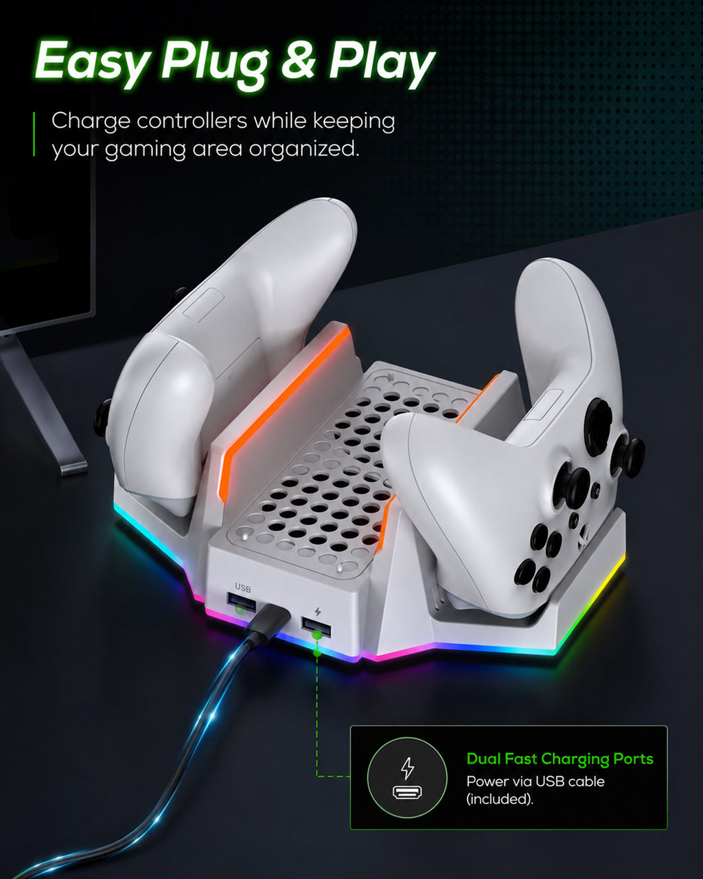 Cooling Stand & Charging Station for Xbox Series S with RGB Light - Dual Controller Charger & Cooler Fan for Xbox Series S Accessories with 2*1400mAH Batteries