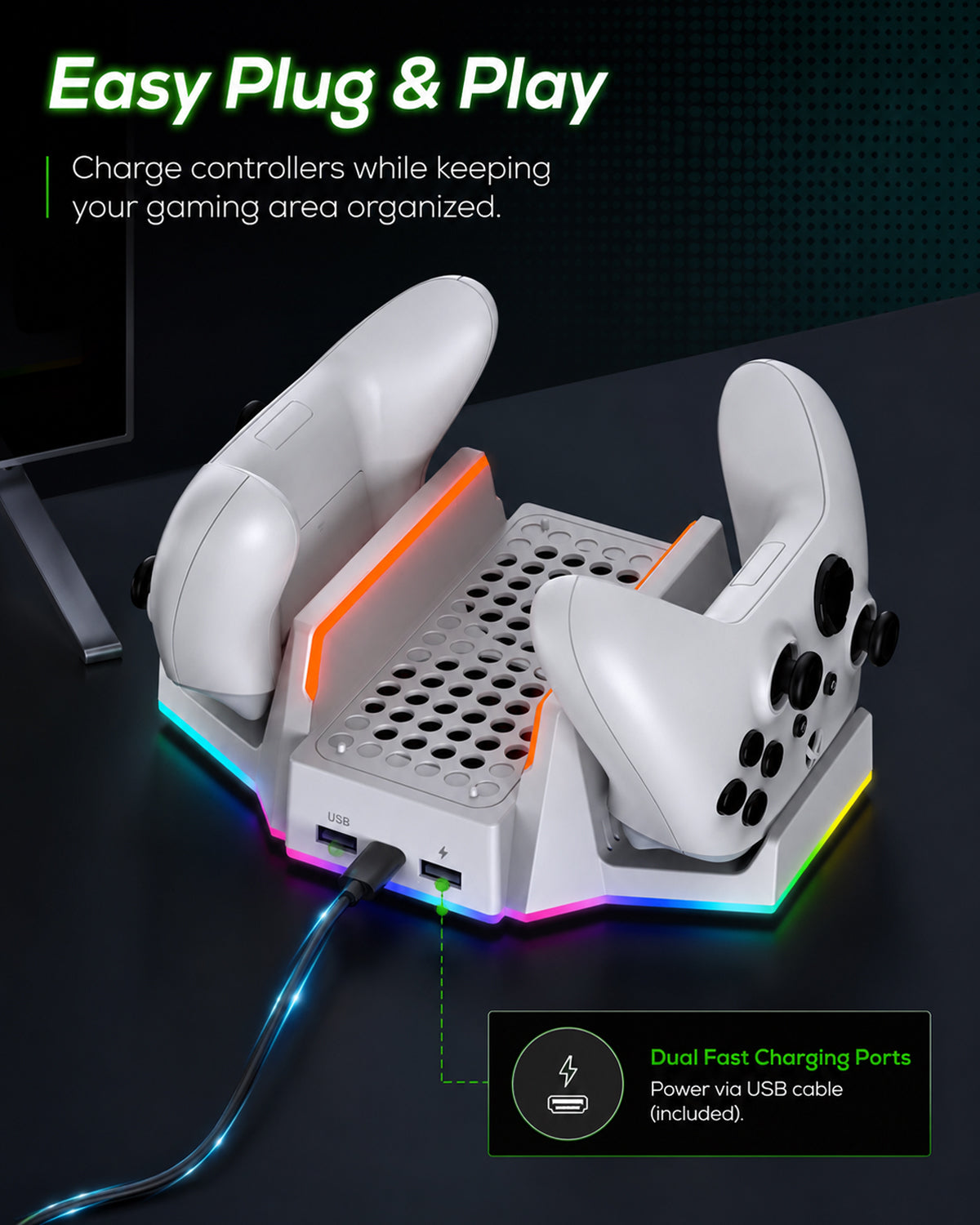 Cooling Stand & Charging Station for Xbox Series S with RGB Light - Dual Controller Charger & Cooler Fan for Xbox Series S Accessories with 2*1400mAH Batteries