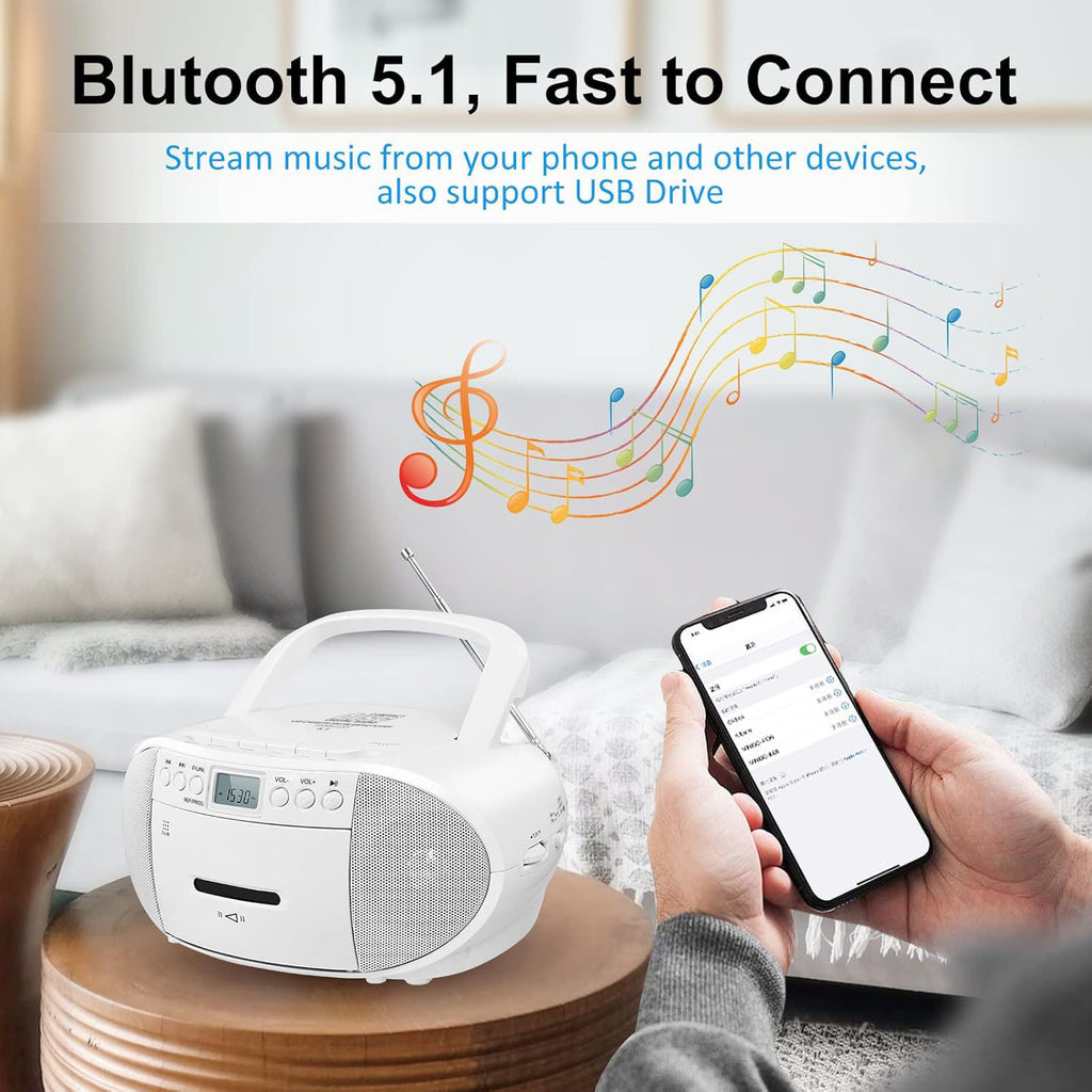 Prociv CD Player Boombox with Cassette Player, Bluetooth, AM/FM Radio,Stereo Sound with Remote Control,AUX/USB Drive,Tape Recording,AC/DC Powered,Headphone Jack,LCD Display for Home,Senior,Child, Whi