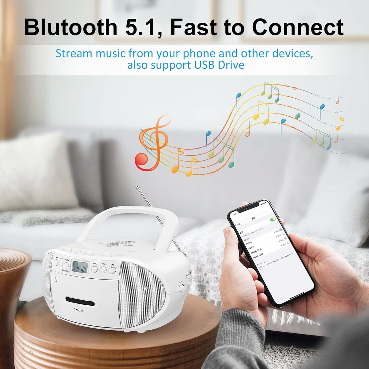 Prociv CD Player Boombox with Cassette Player, Bluetooth, AM/FM Radio,Stereo Sound with Remote Control,AUX/USB Drive,Tape Recording,AC/DC Powered,Headphone Jack,LCD Display for Home,Senior,Child, Whi