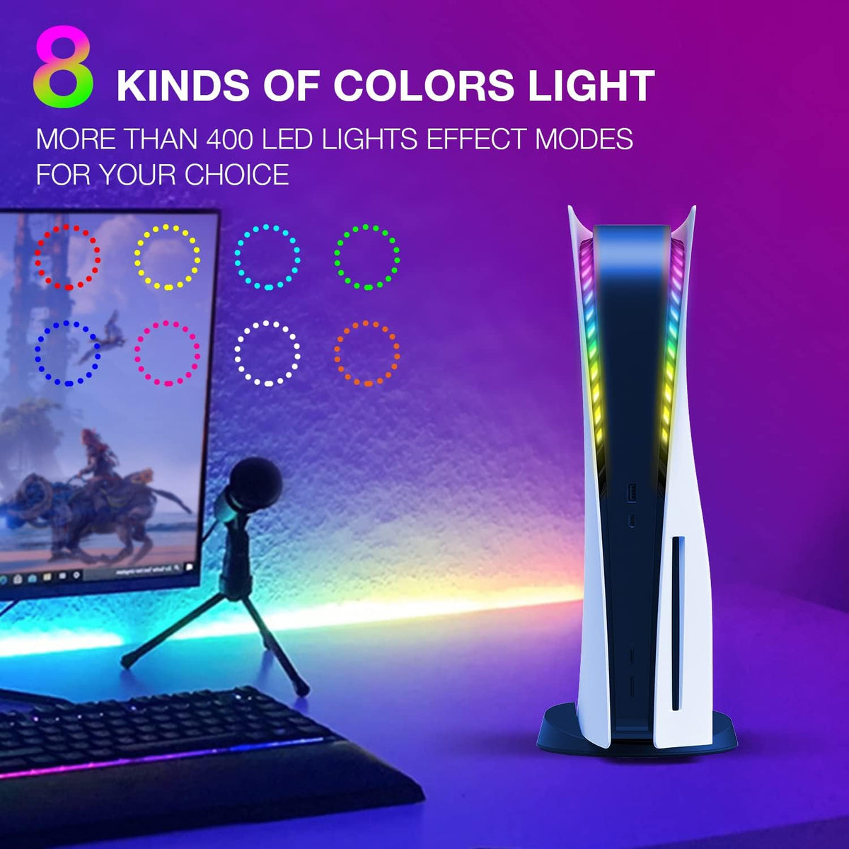 Prociv RGB LED Light Strip for PS5/PS5 Slim Console, 8 Colors 400+ Lighting Effects, DIY Decoration Assecories for Playstation 5, Control Methods (USB/APP/IR Remote)