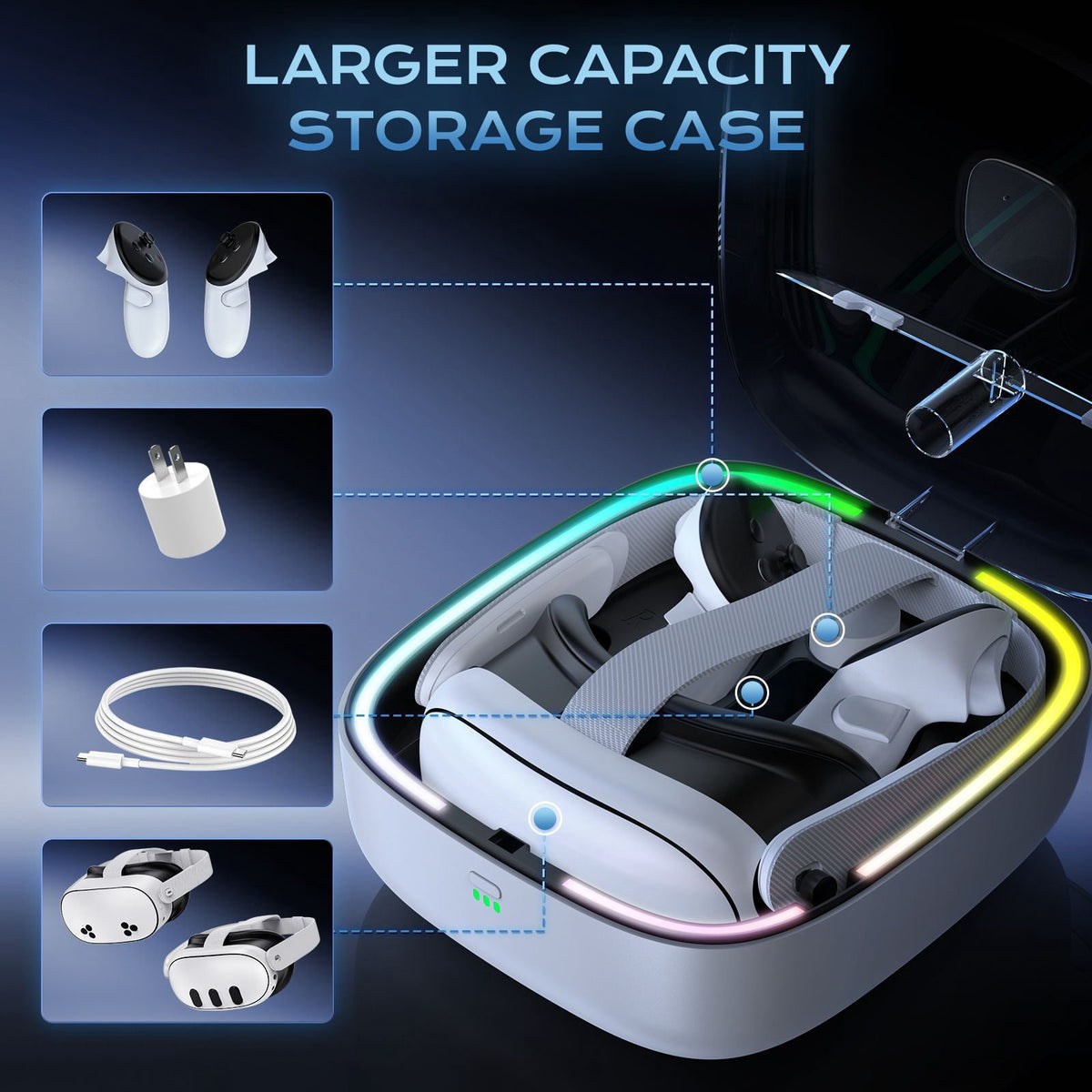 Portable Charging Storage Case for Meta Quest 3/Quest 3S with RGB LED Light, Charging Dock for Quest 3 Accessories, Magnetic Charging Station for Meta Quest 3 VR Headset with 2 Batteries