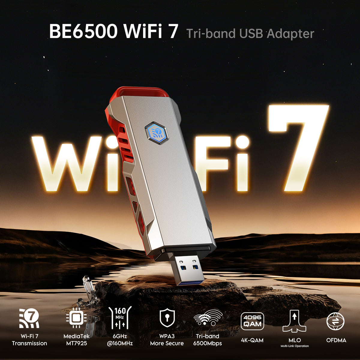 Prociv WiFi 7 USB 3.0 WiFi Adapter for PC Desktop, AX6500M Tri-Band 6GHz/5GHz/2.4GHz Wireless Network Adapter Drive-Free for Windows 10/11 Desktop Laptop Silver