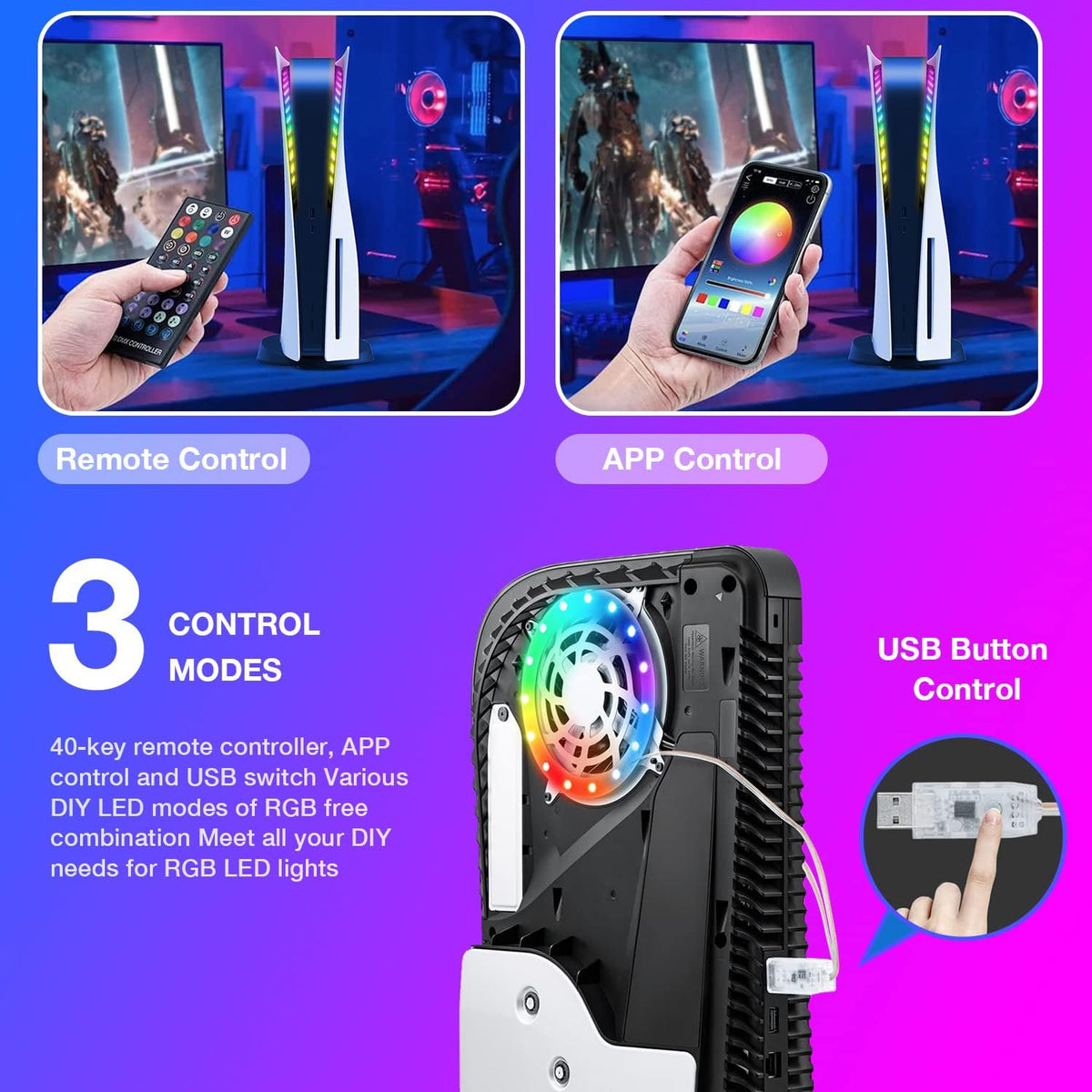 Prociv RGB LED Light Strip for PS5/PS5 Slim Console, 8 Colors 400+ Lighting Effects, DIY Decoration Assecories for Playstation 5, Control Methods (USB/APP/IR Remote)