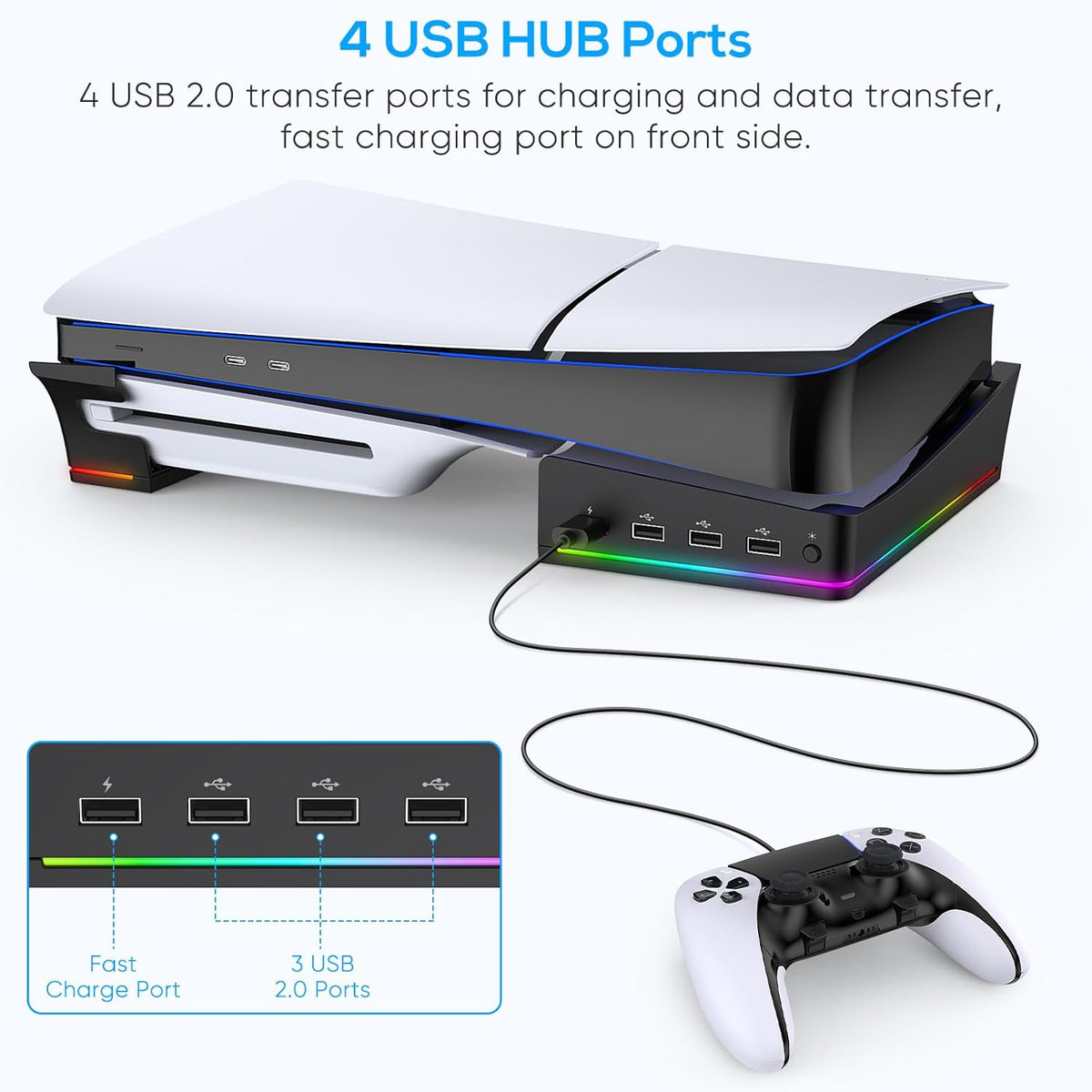 RGB Horizontal Stand for PS5 Pro / Slim Console Accessories with 14 Light Mode and 4 USB Hubs, Side Stand for Playstation 5 Pro / Slim Disc & Digital, Base Holder with Fast Charging, Black