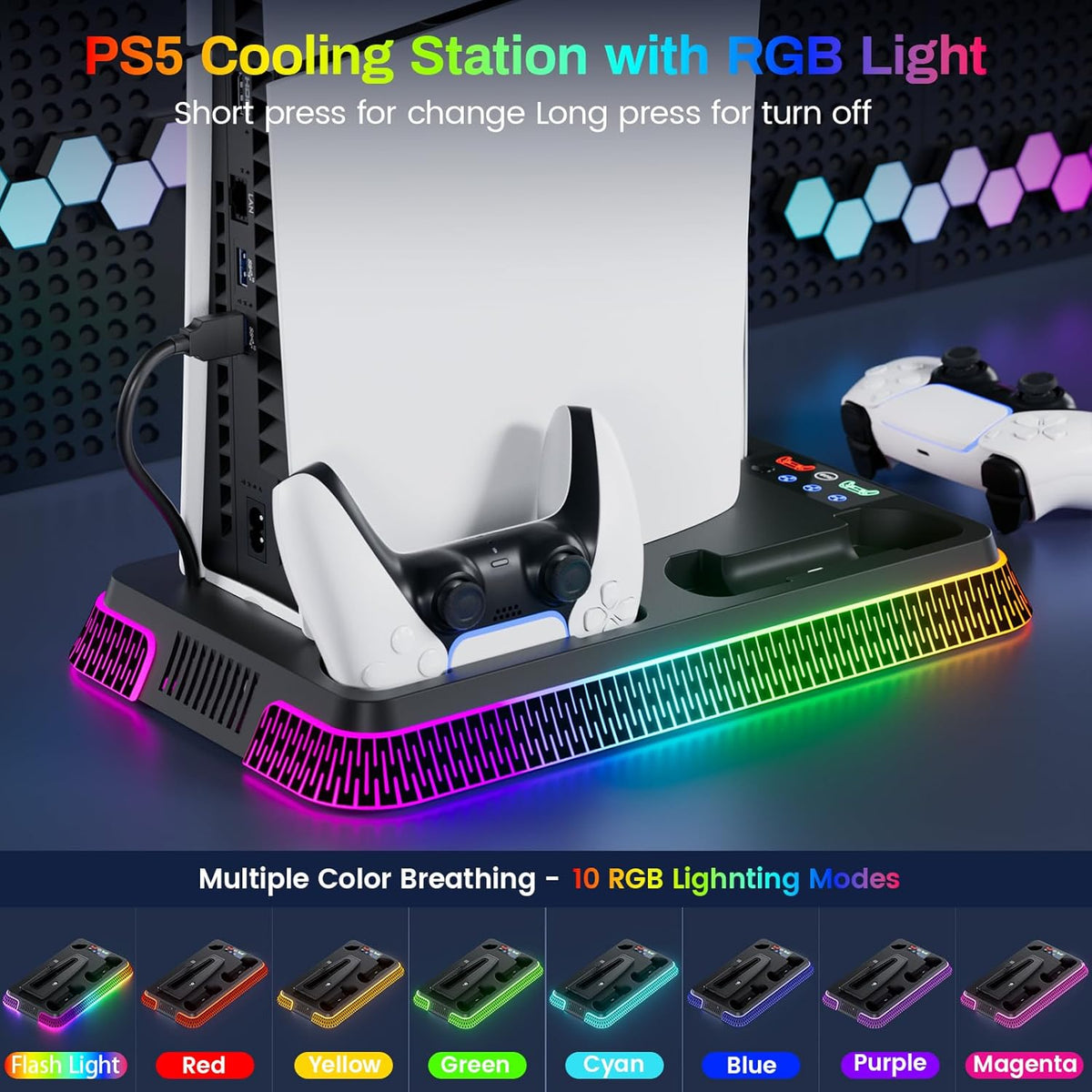 PS5/Pro/Slim Stand for Cooling Station, Controller Charging Station for PlayStation 5 Console, PS5 Stand Controller Charger for with 3 Levels Cooling Fan, Headset Holder for PS5 Digital/Disc
