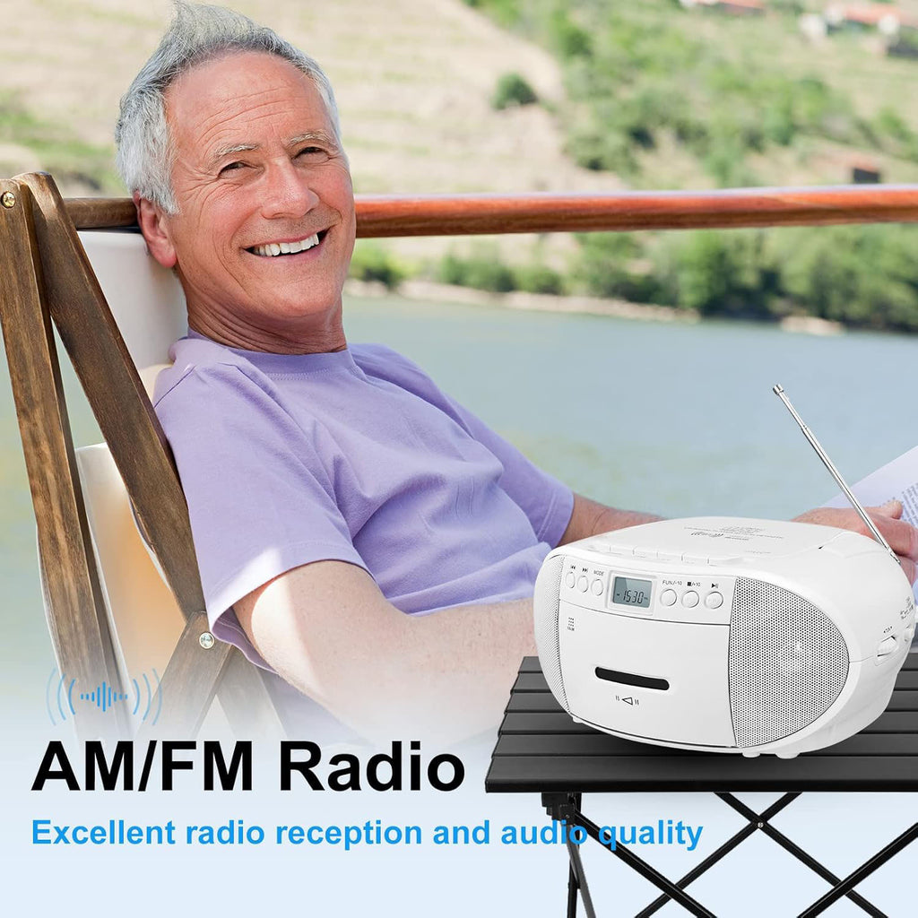 Prociv CD Player Boombox with Cassette Player, Bluetooth, AM/FM Radio,Stereo Sound with Remote Control,AUX/USB Drive,Tape Recording,AC/DC Powered,Headphone Jack,LCD Display for Home,Senior,Child, Whi