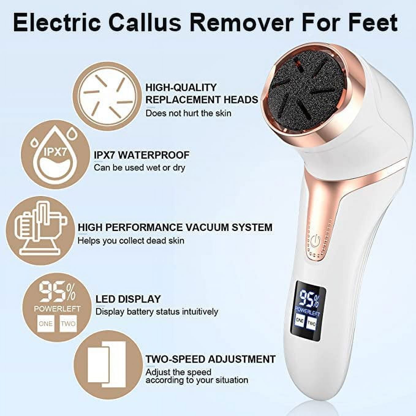 Prociv Electric Foot Callus Remover with Vacuum Cleaner Rechargeable Foot File Dead Skin Remover with 2 Speed 3 Grinding Head LCD Display Professional Kit for Foot Care White