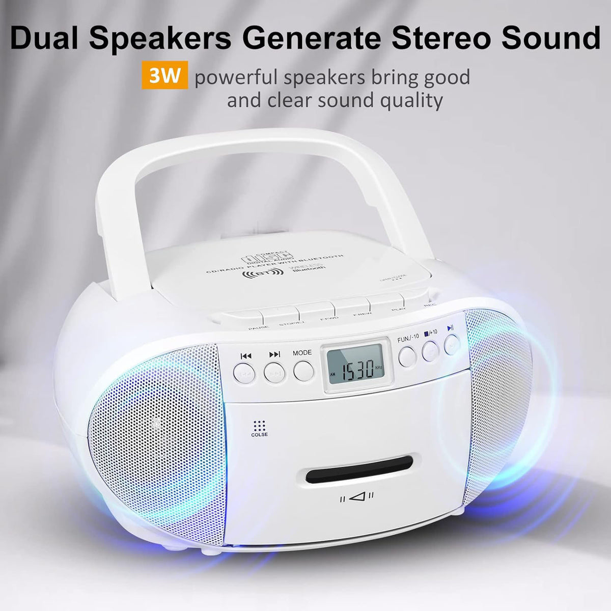 Prociv CD Player Boombox with Cassette Player, Bluetooth, AM/FM Radio,Stereo Sound with Remote Control,AUX/USB Drive,Tape Recording,AC/DC Powered,Headphone Jack,LCD Display for Home,Senior,Child, Whi