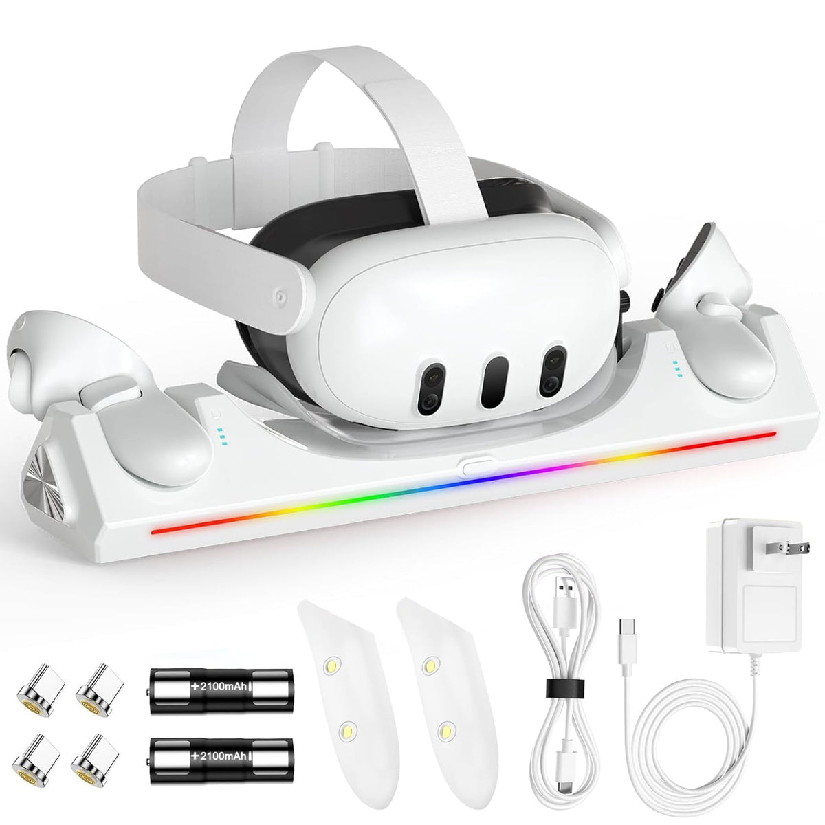VR Charging Dock for Meta Quest 3/3S with RGB LED Light, Magnetic Charging Station for Oculus Quest 3 VR Headset and Touch Controllers, with 2 Rechargeable 2100mAh Batteries/USB-C Charger Cable