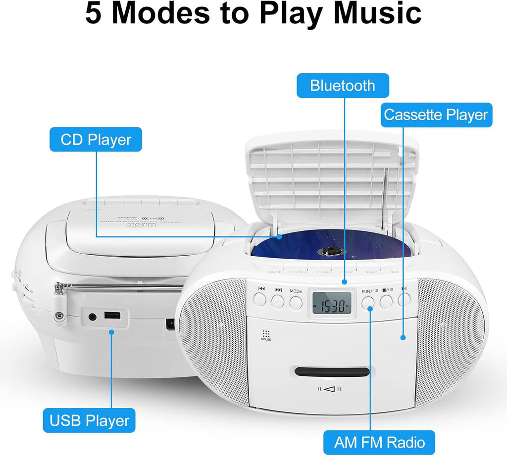 Prociv CD Player Boombox with Cassette Player, Bluetooth, AM/FM Radio,Stereo Sound with Remote Control,AUX/USB Drive,Tape Recording,AC/DC Powered,Headphone Jack,LCD Display for Home,Senior,Child, Whi