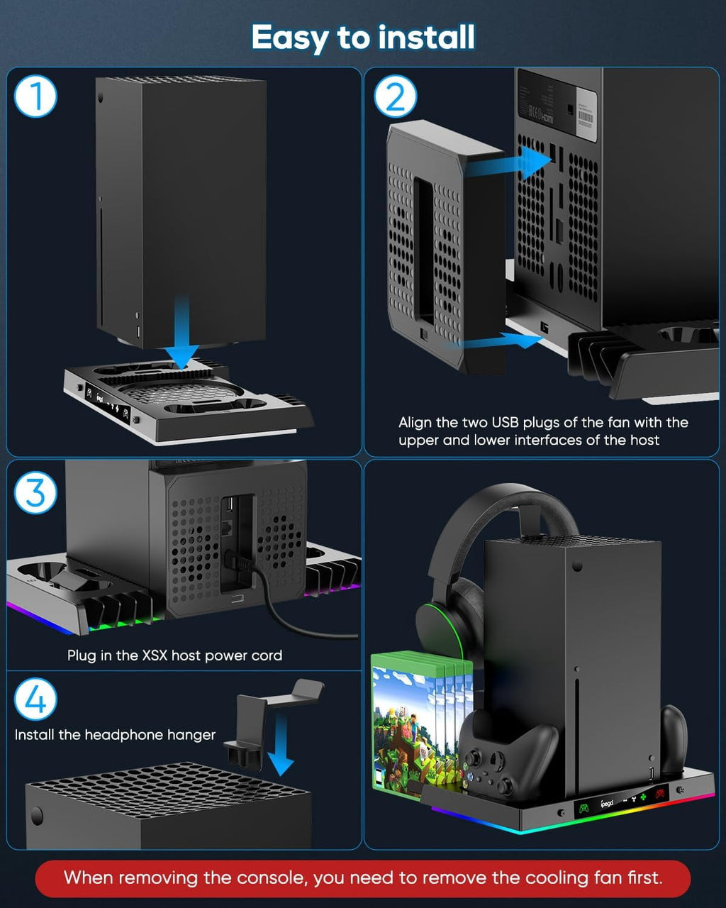 Upgrade Cooling Fan & Dual Charging Stand for Xbox Series X Console &Controller Cooler Charger Station System for Series X with 15 RGB Lights 2 x 1400mAh Rechargeable Battery Disc Accessories Storage