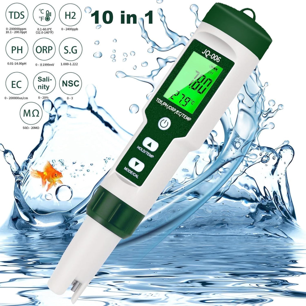 10 in 1 Digital Water Tester Meter PH/TDS/EC/Salinity/SG/ORP/Hydrogen-rich/Resistivity/Temp/Nutrient Solution Water Tester Pen for Drinking Water Hydroponics Plant Fish Tank Pool Salt Tester