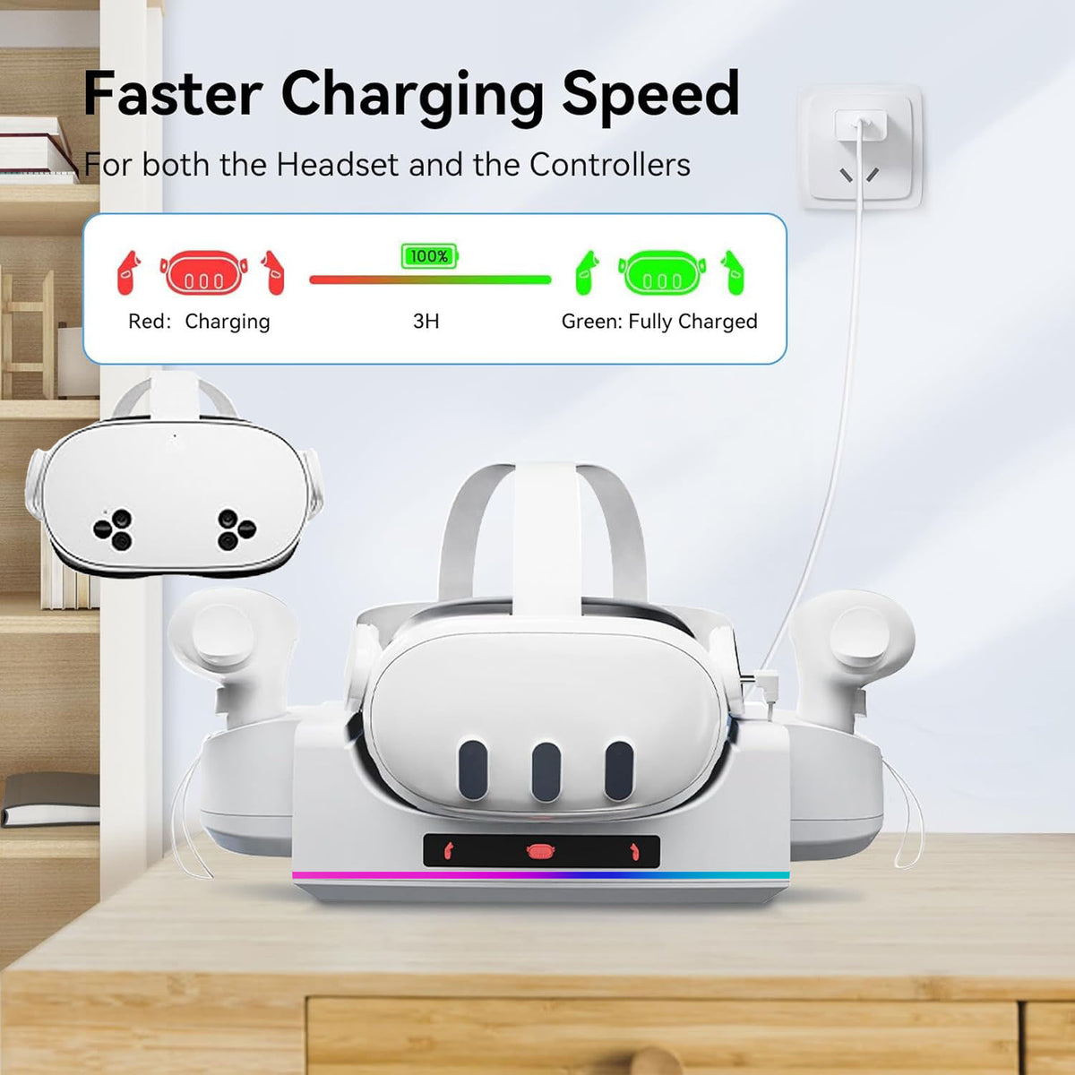 RGB Charging Dock for Oculus Quest 3/3S Charging Stand for Meta Quest 3S Controller and Headset with 2 Rechergeable Batteries Battery Cover