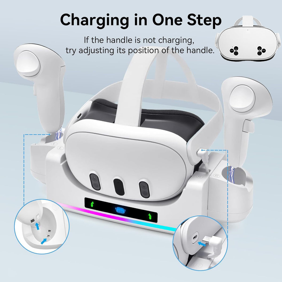 RGB Charging Dock for Oculus Quest 3/3S Charging Stand for Meta Quest 3S Controller and Headset with 2 Rechergeable Batteries Battery Cover