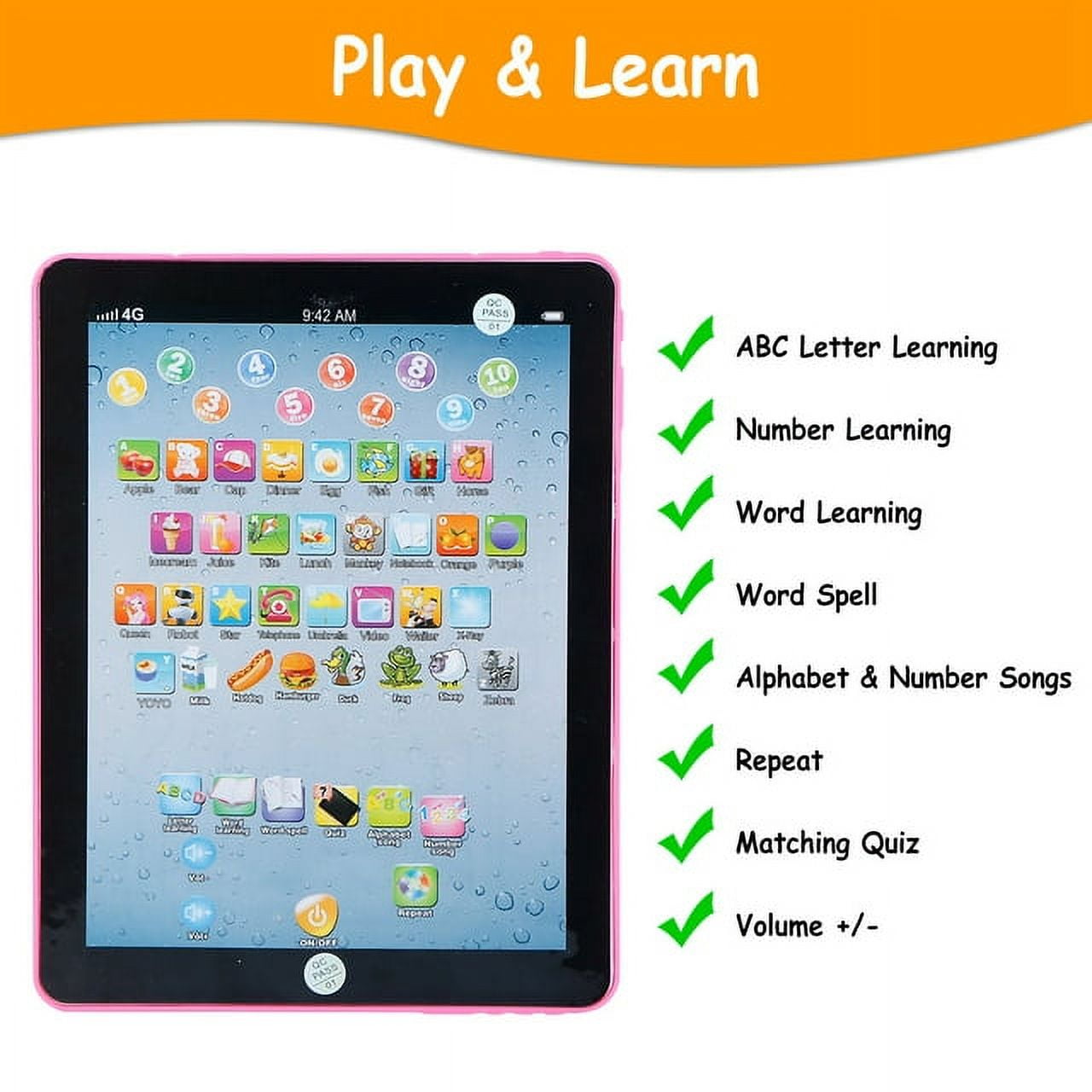 Baby Learning Tablet Educational Mini Pads Toys Touch Learn Toddler Tablet for ABC Numbers Words Gift for Boys Girls Aged 1-6 Year Old Kids Pink