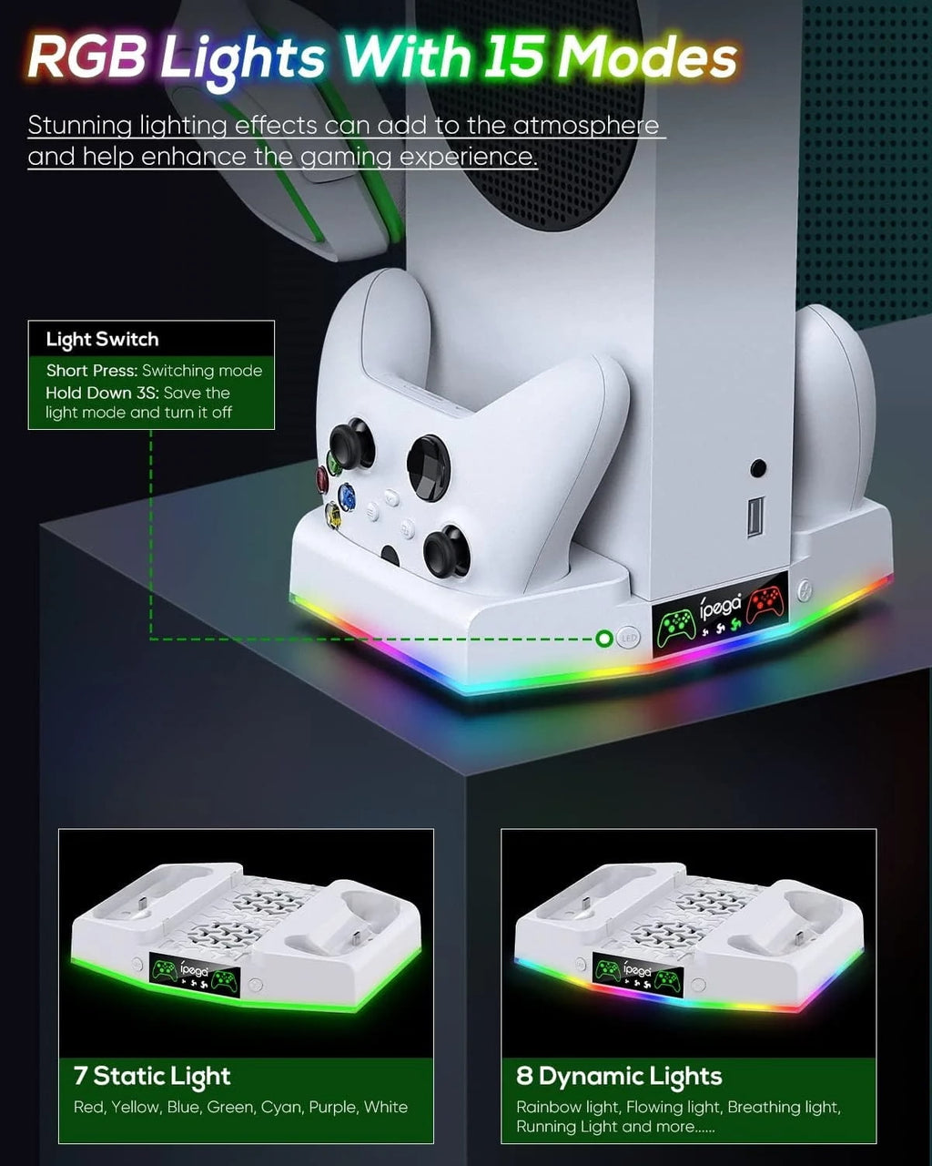 Cooling Stand & Charging Station for Xbox Series S with RGB Light - Dual Controller Charger & Cooler Fan for Xbox Series S Accessories with 2*1400mAH Batteries and Headphone Hook