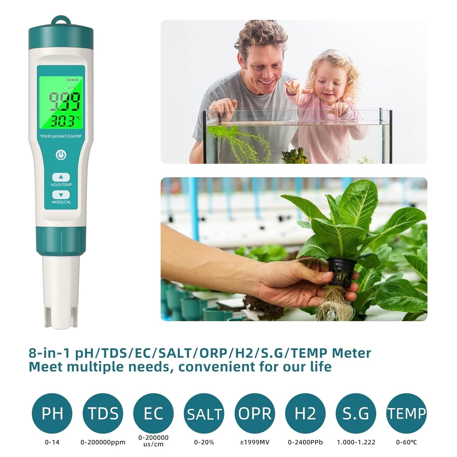 PH Meter 8 in 1 Water Quality Tester Pen Meter Digital PH Pen for TDS/EC/Salinity/Temp/ORP/S. G/PH/H2 Drinking Water Aquariums Hydroponic Cooking Tester Measure Plants Aquarium and Pool