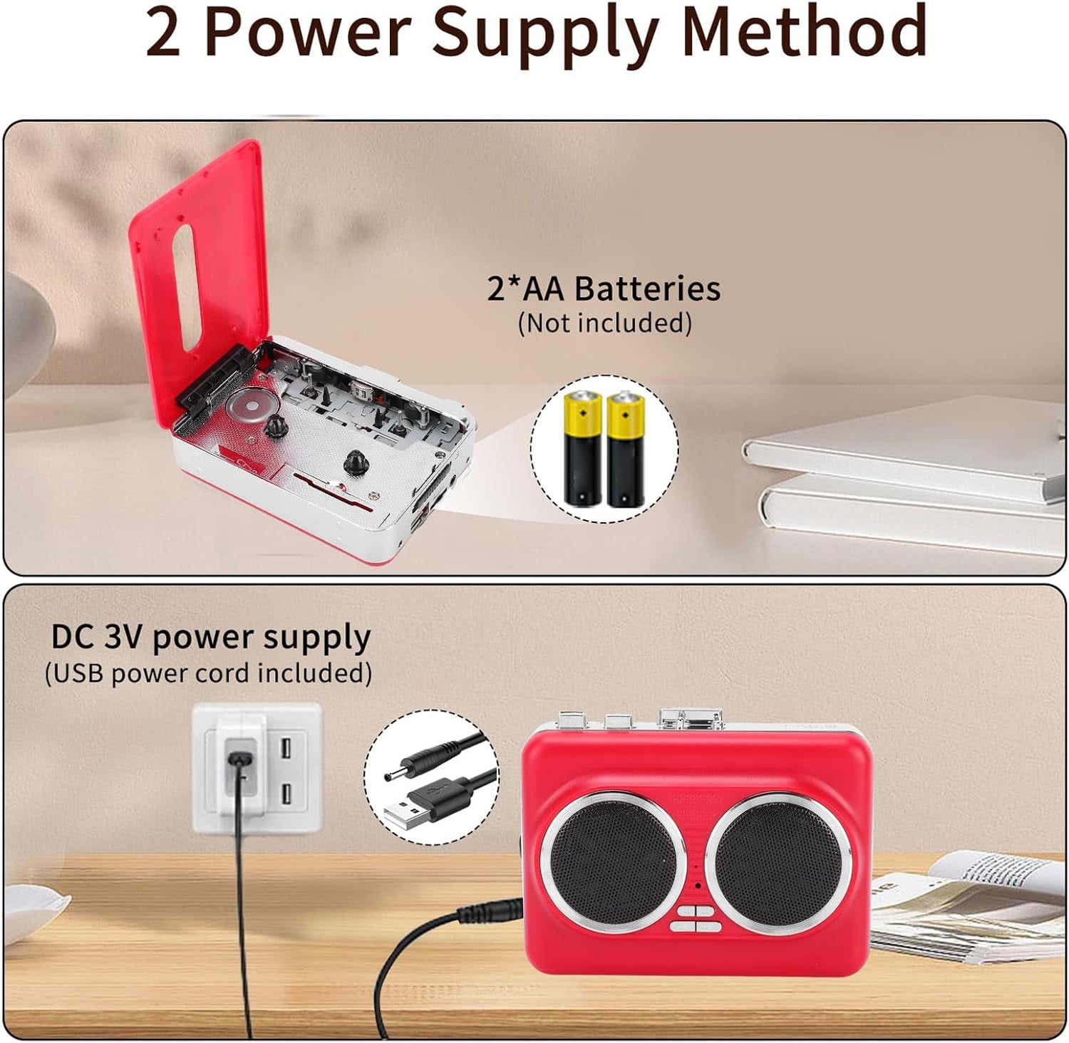 Portable Cassette Player with Auto Reverse Convert Tapes to Digital Files via USB Cassette Audio Player Tape to MP3 Converter Powered by USB Power Cord or AA Battery - Red