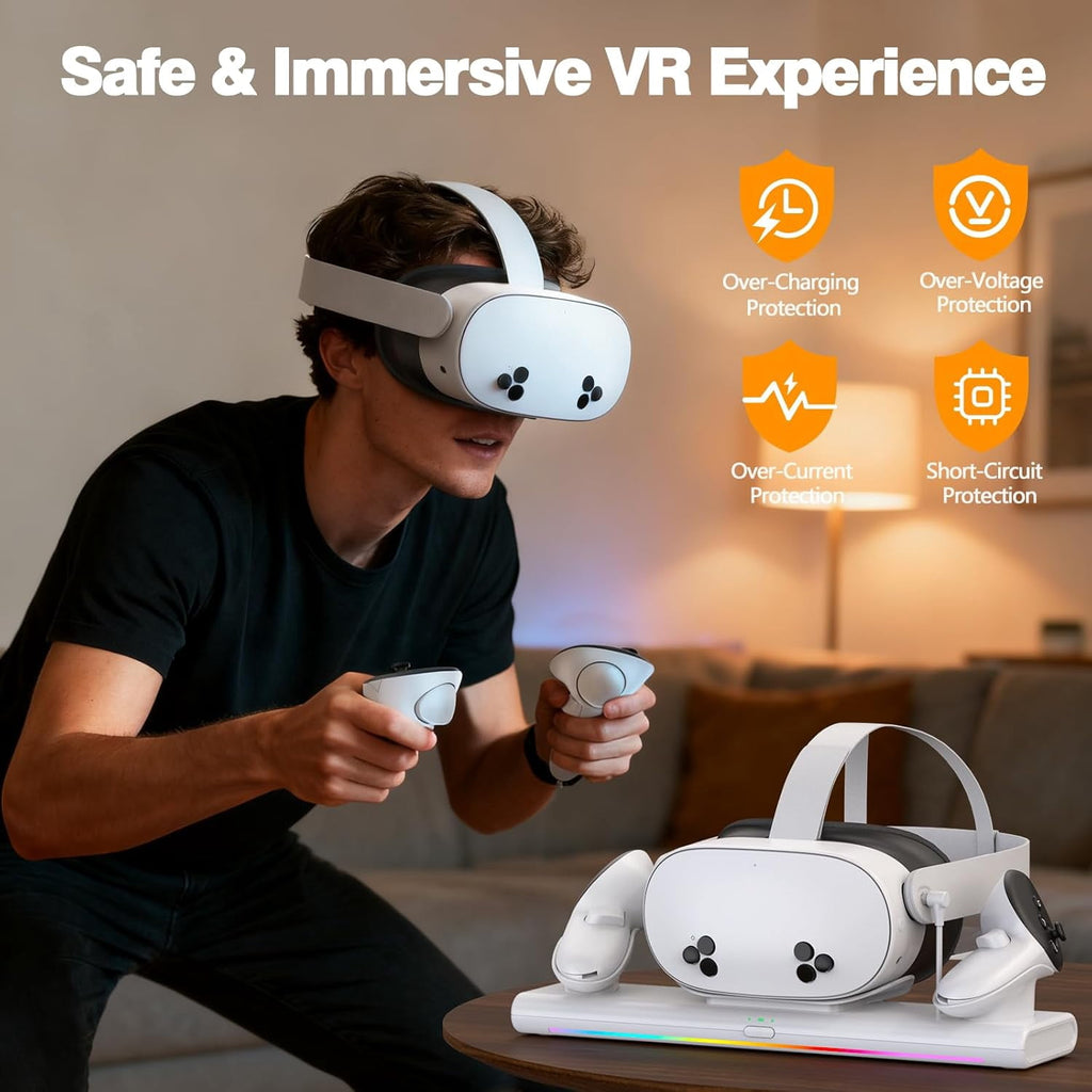 VR Charging Dock for Meta Quest 3S/3/2 PD 20W Fast Charging Station Meta/Oculus Quest 3S/3/2 Accessories Magnetic Charger Stand for VR Headset/Controller RGB Light Rechargeable Batteries