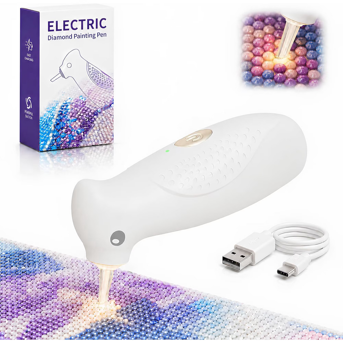 Electric Diamond Painting Pen, Bird-Shaped Diamond Vacuum Art Pen with Warm Light, Wax-Free Pickup, Ergonomic Palm Grip, Integrated Suction Tip, Christmas Gift for Girls,Students,DIY Crafters,White