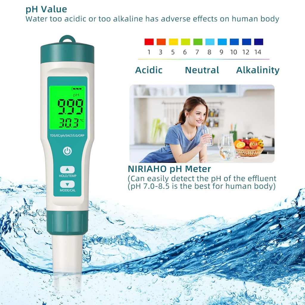 PH Meter 8 in 1 Water Quality Tester Pen Meter Digital PH Pen for TDS/EC/Salinity/Temp/ORP/S. G/PH/H2 Drinking Water Aquariums Hydroponic Cooking Tester Measure Plants Aquarium and Pool