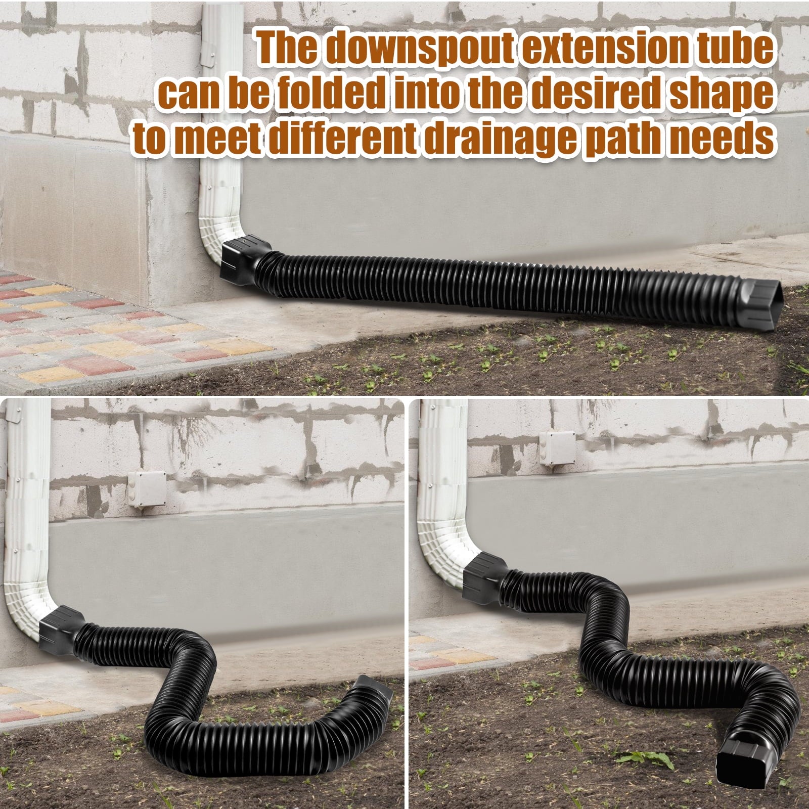 Wiher 2 Pack Flexible Rain Gutter Downspout Extensions Drain Downspout Extender Gutter Extension Flexible Down Spout Drain Extension Pipes Extendable from 21 to 60 Inches (Black)