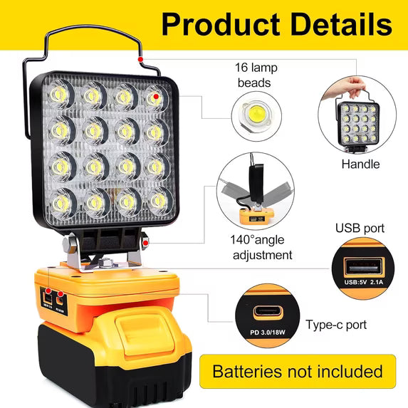 Cordless LED Work Light for Dewalt 20V Max Battery, Flood Lights Battery Light with Low Voltage Protection USB and Type C Output Port LED Light for Job Site/Camping/Power Outage - Only Tool Light
