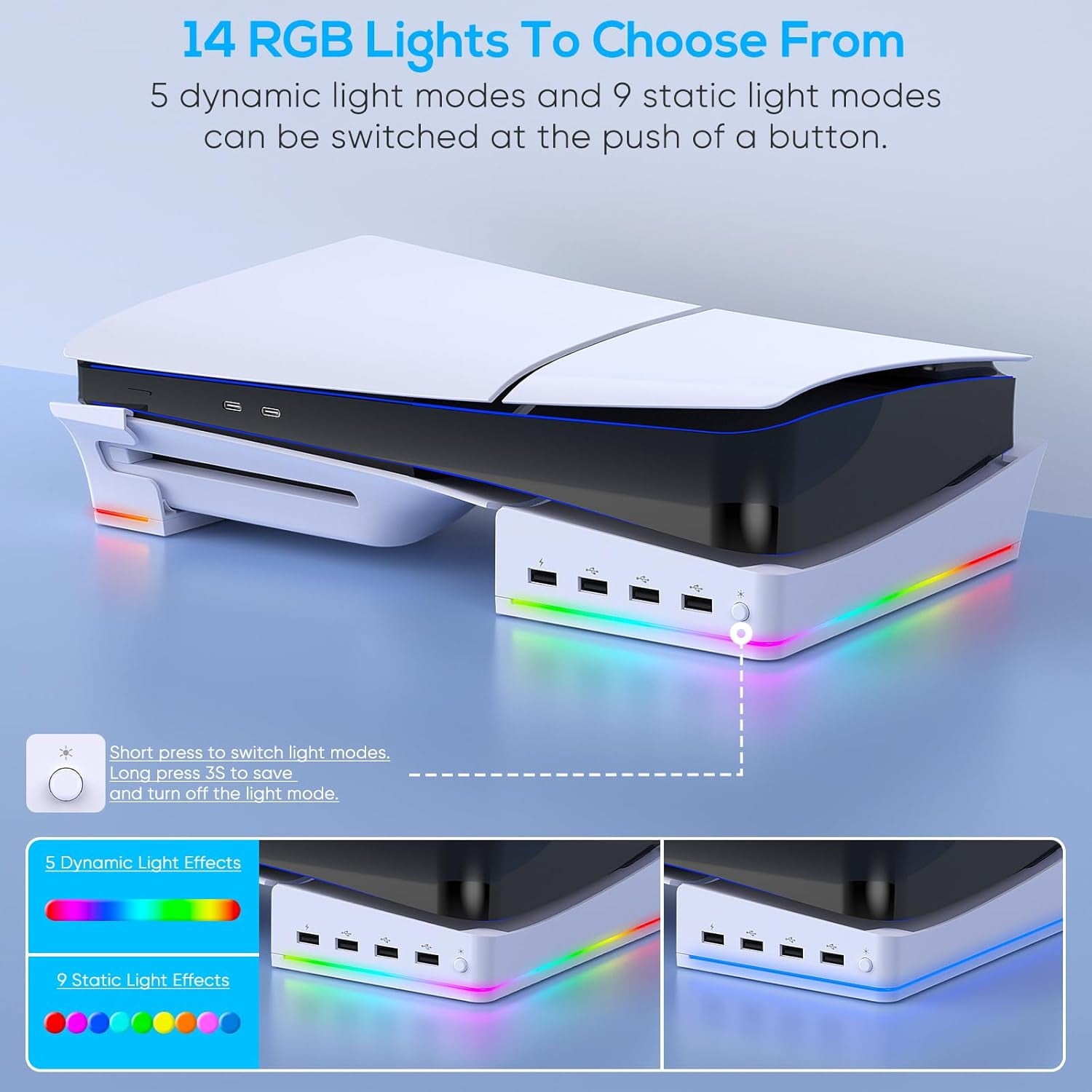 RGB Horizontal Stand for PS5 Pro / Slim Console Accessories with 14 Light Mode and 4 USB Hubs Side Stand for Playstation 5 Pro / Slim Disc & Digital Base Holder with Fast Charging White