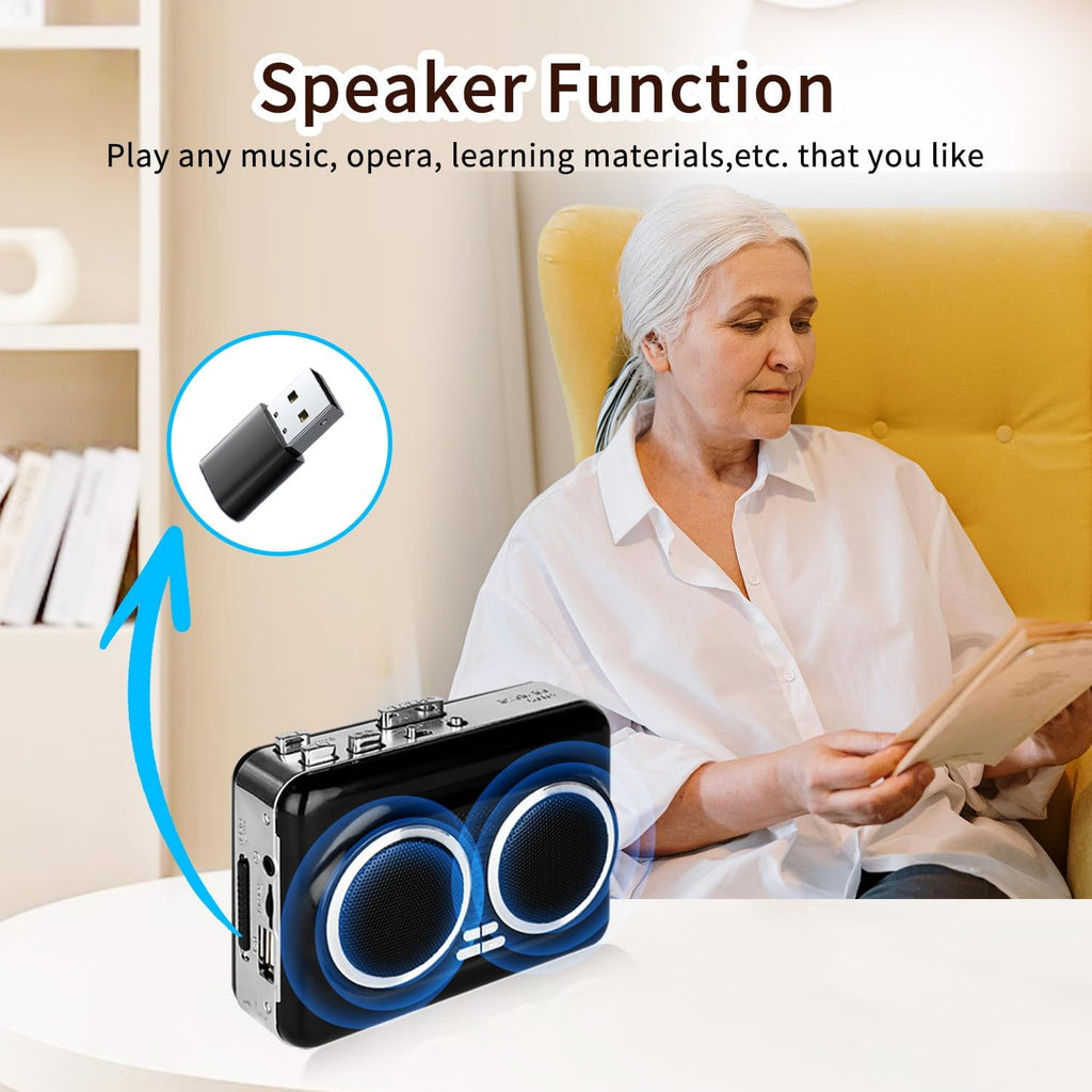Portable Cassette Player with Auto Reverse Convert Tapes to Digital Files via USB Cassette Audio Player Tape to MP3 Converter Powered by USB Power Cord or AA Battery - Black
