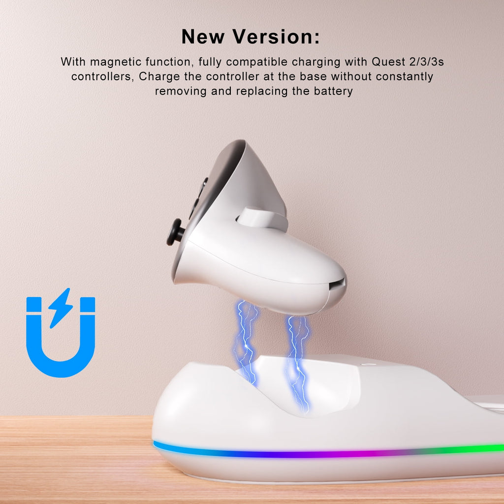 VR Charging Dock for Meta Quest 3/Quest 3S/Quest 2 Magnetic Charging Station for Oculus Quest 3 VR Headset & Controllers with 2 Rechargeable 2100mAh Batteries USB-C Charger Supports LED Indicator