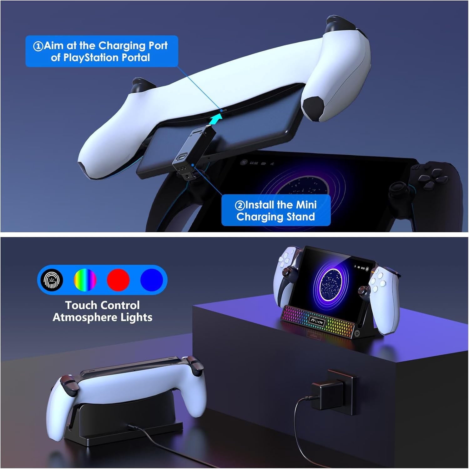 Charging Dock for PlayStation Portal 3 in 1 Charging Stand for PS5 Portal with 14 RGB Light and 4.9ft USB C Charging Cable Portable Charger Accessories for PlayStation Portal Remote Player(Black)