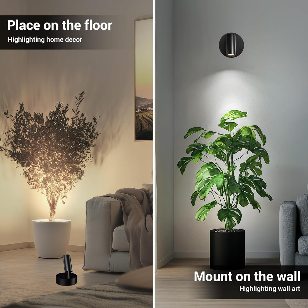 Wireless Led Spotlight Indoor Rechargeable Uplighting Indoor with Remote Dimmable 350° Rotate Battery Powered Ceiling Spotlight for Artwork Painting Tree Black 2pcs