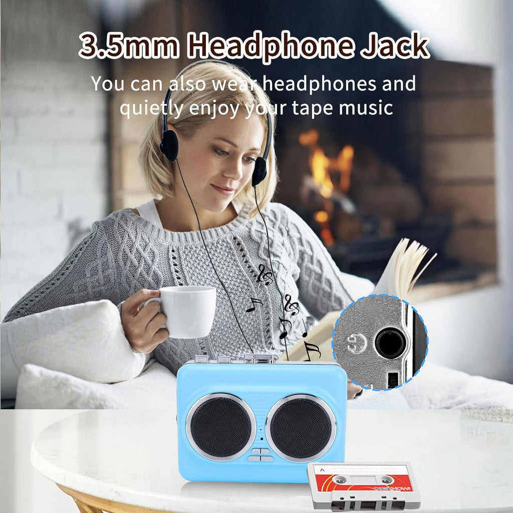 Portable Cassette Player with Auto Reverse Convert Tapes to Digital Files via USB Cassette Audio Player Tape to MP3 Converter Powered by USB Power Cord or AA Battery - Blue