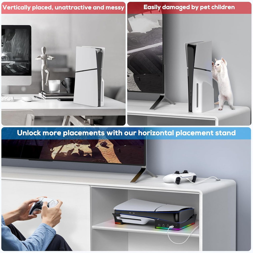 RGB Horizontal Stand for PS5 Pro / Slim Console Accessories with 14 Light Mode and 4 USB Hubs Side Stand for Playstation 5 Pro / Slim Disc & Digital Base Holder with Fast Charging Black