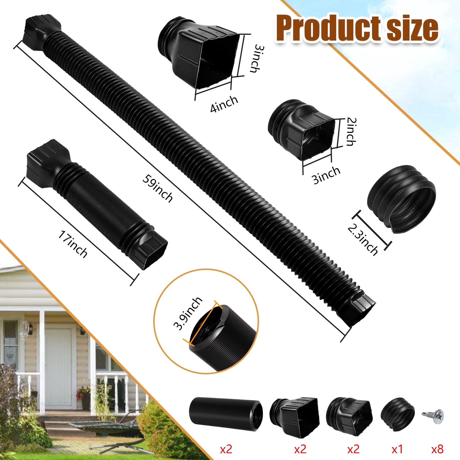 Wiher 2 Pack Flexible Rain Gutter Downspout Extensions Drain Downspout Extender Gutter Extension Flexible Down Spout Drain Extension Pipes Extendable from 21 to 60 Inches (Black)