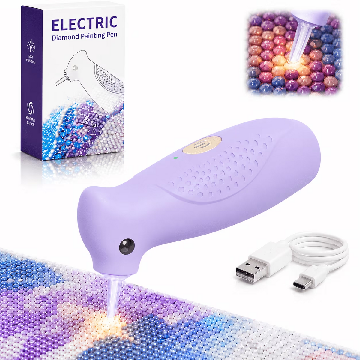 Electric Diamond Painting Pen, Bird-Shaped Diamond Vacuum Art Pen with Warm Light, Wax-Free Pickup, Ergonomic Palm Grip, Integrated Suction Tip, Christmas Gift for Girls,Students,DIY Crafters,Purple