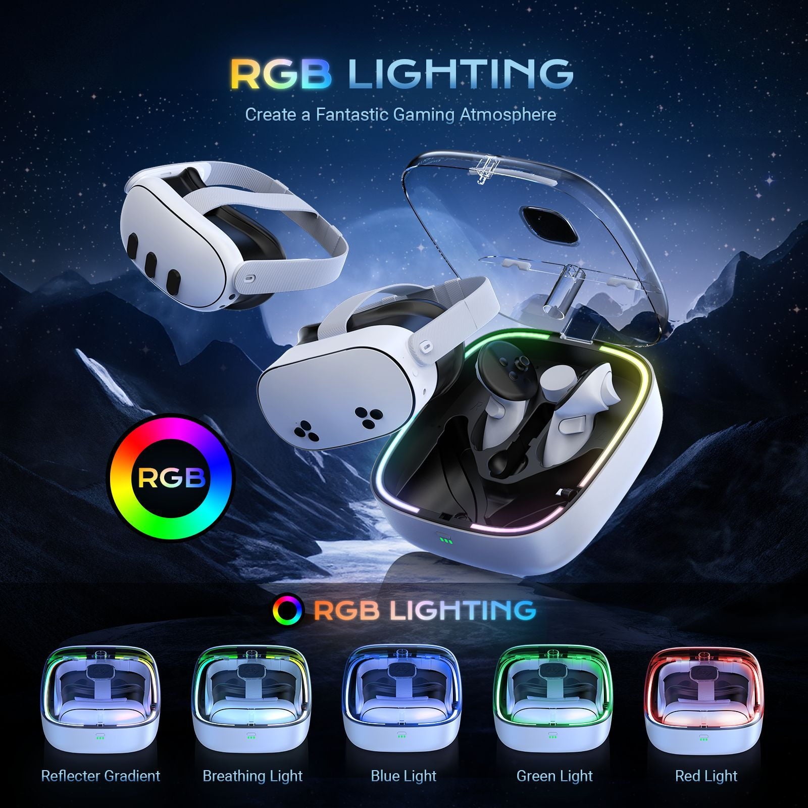 Portable Charging Storage Case for Meta Quest 3/Quest 3S with RGB LED Light Charging Dock for Quest 3 Accessories Magnetic Charging Station for Meta Quest 3 VR Headset with 2 Batteries