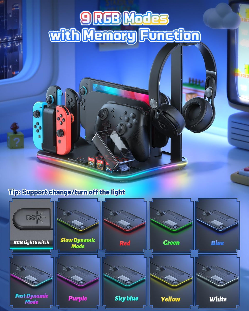Charging Dock for Switch 2/1 Switch Cooling Fan for Nintendo Switch 2/1/OLED Storage Stand for JoyCon 2/1 with 12 Card Slots Controller/Headset Holder 9 RGB Modes