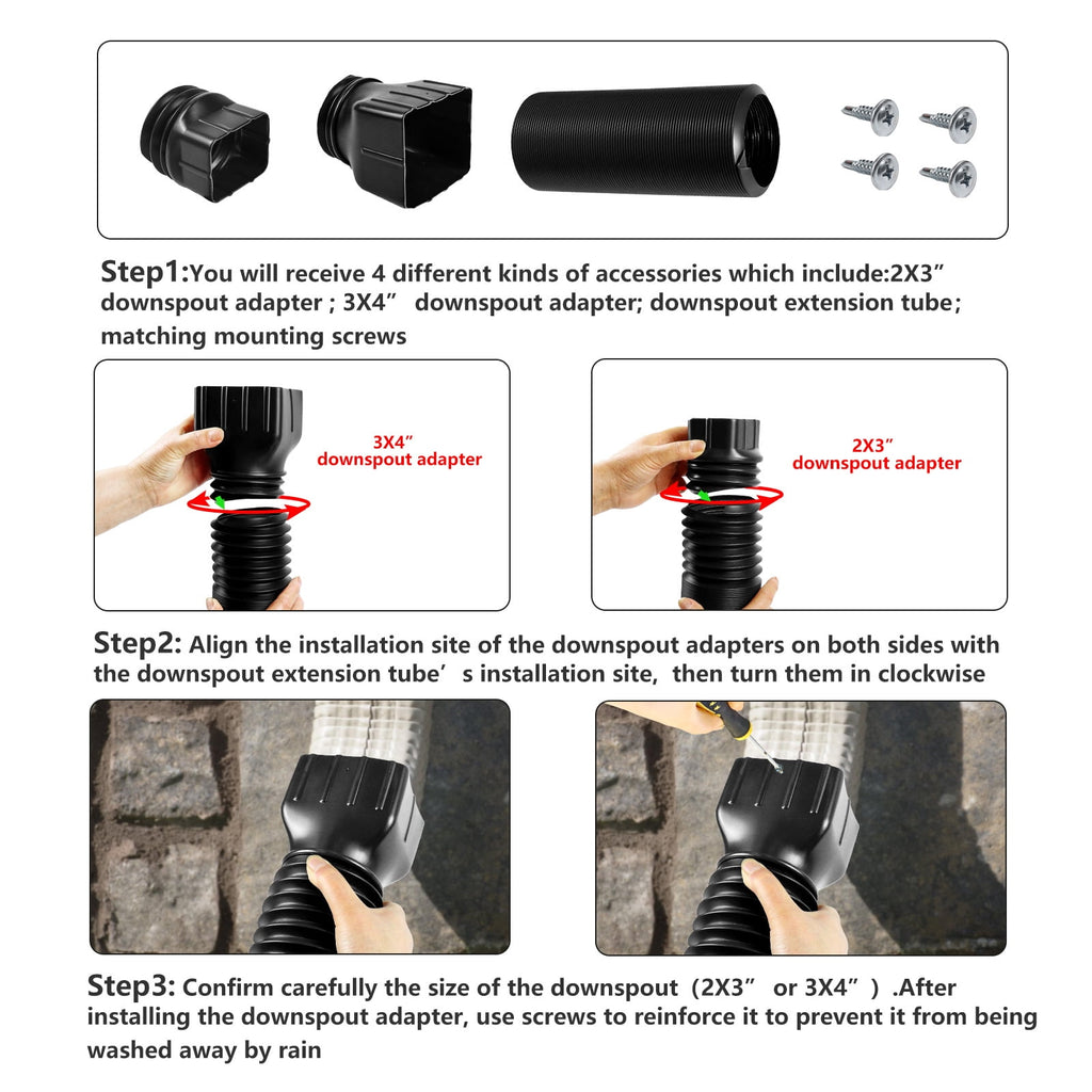 Wiher 2 Pack Flexible Rain Gutter Downspout Extensions Drain Downspout Extender Gutter Extension Flexible Down Spout Drain Extension Pipes Extendable from 21 to 60 Inches (Black)