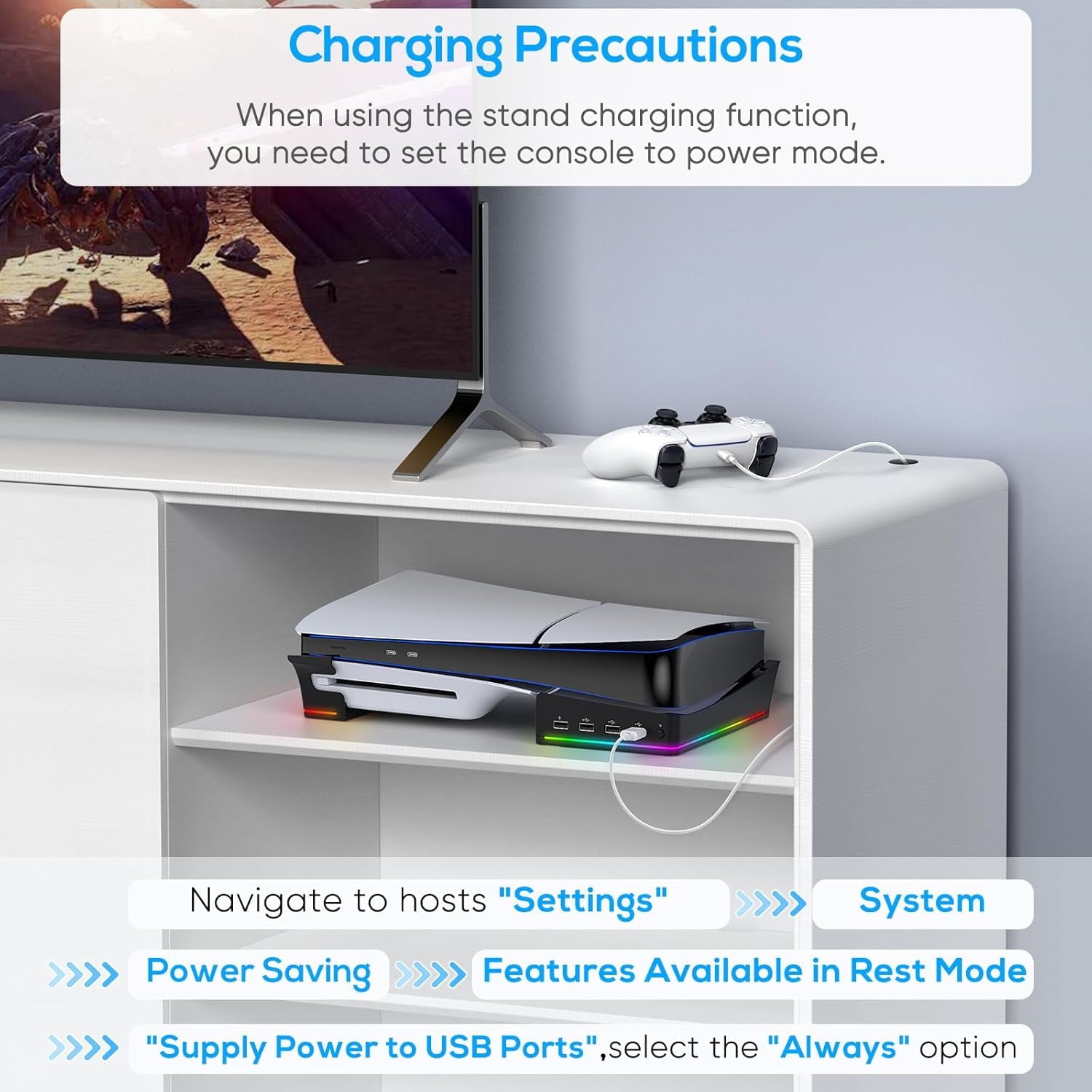 RGB Horizontal Stand for PS5 Pro / Slim Console Accessories with 14 Light Mode and 4 USB Hubs Side Stand for Playstation 5 Pro / Slim Disc & Digital Base Holder with Fast Charging Black